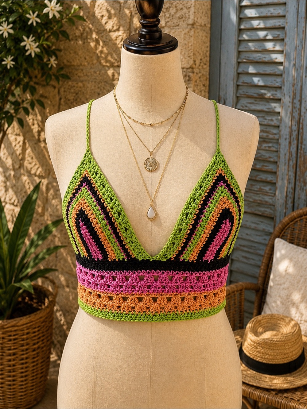 Hand-Crocheted Multicolor Crop Top - Green, Pink & Orange
